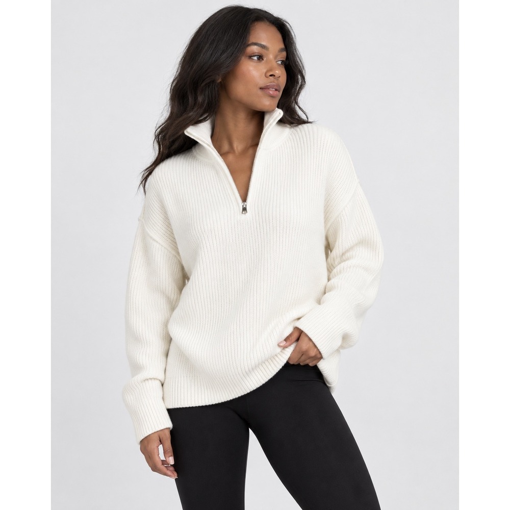 Aerie Womens Shaker Stitch Quarter Zip Sweater Cream White Relaxed Fit XS NWOT